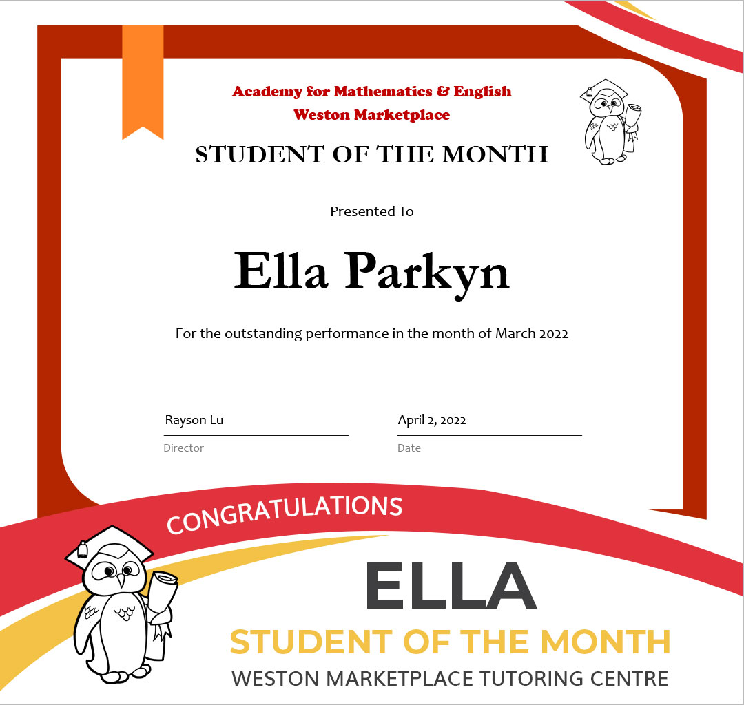 March 2022 Student of the Month - Ella