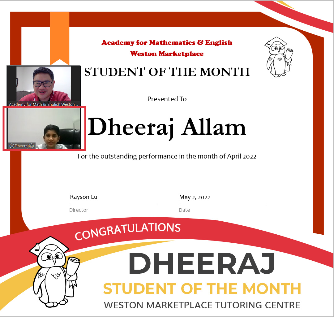 April 2022 Student of the Month - Dheeraj